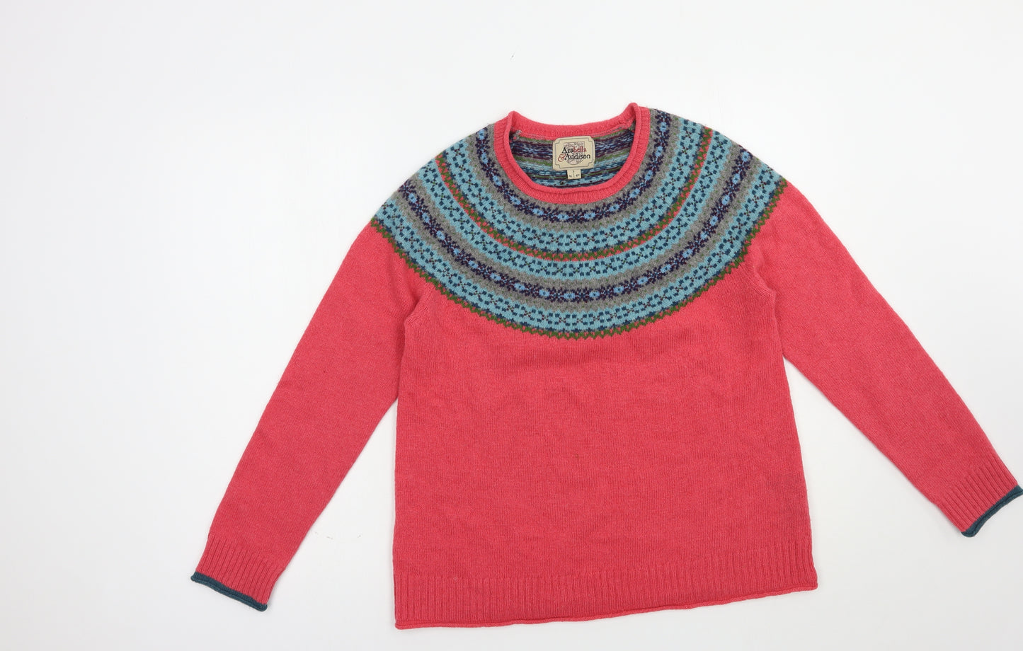Arabella & Addison Womens Pink Crew Neck Fair Isle Wool Pullover Jumper Size 14