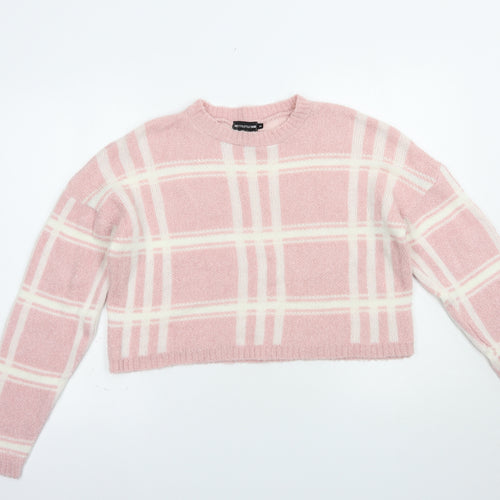 PRETTYLITTLETHING Womens Pink Crew Neck Check Acrylic Pullover Jumper Size M