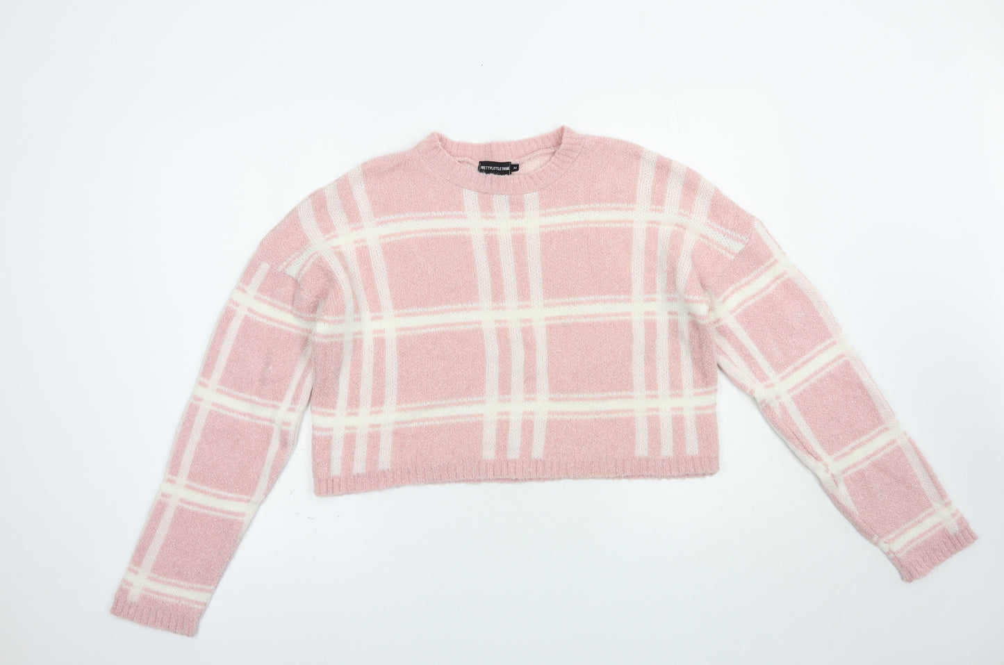 PRETTYLITTLETHING Womens Pink Crew Neck Check Acrylic Pullover Jumper Size M