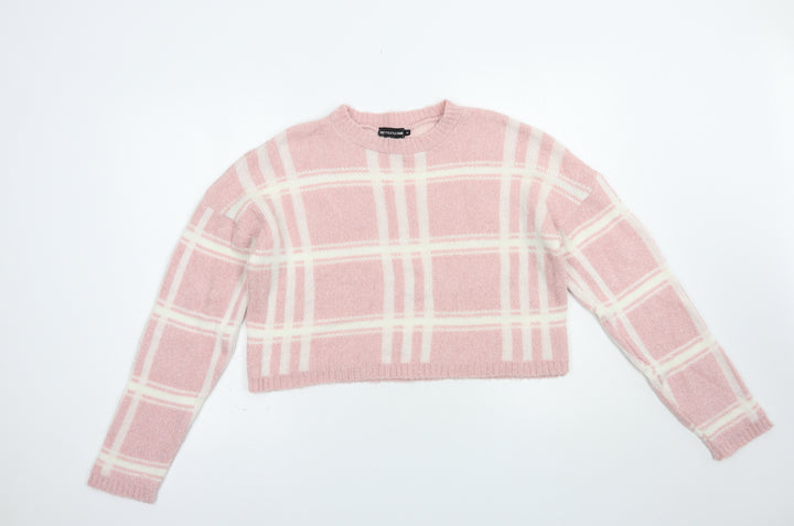 PRETTYLITTLETHING Womens Pink Crew Neck Check Acrylic Pullover Jumper Size M