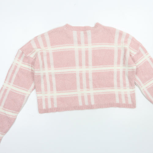 PRETTYLITTLETHING Womens Pink Crew Neck Check Acrylic Pullover Jumper Size M