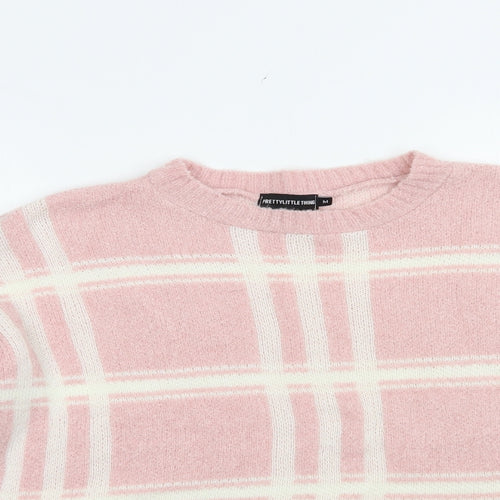 PRETTYLITTLETHING Womens Pink Crew Neck Check Acrylic Pullover Jumper Size M