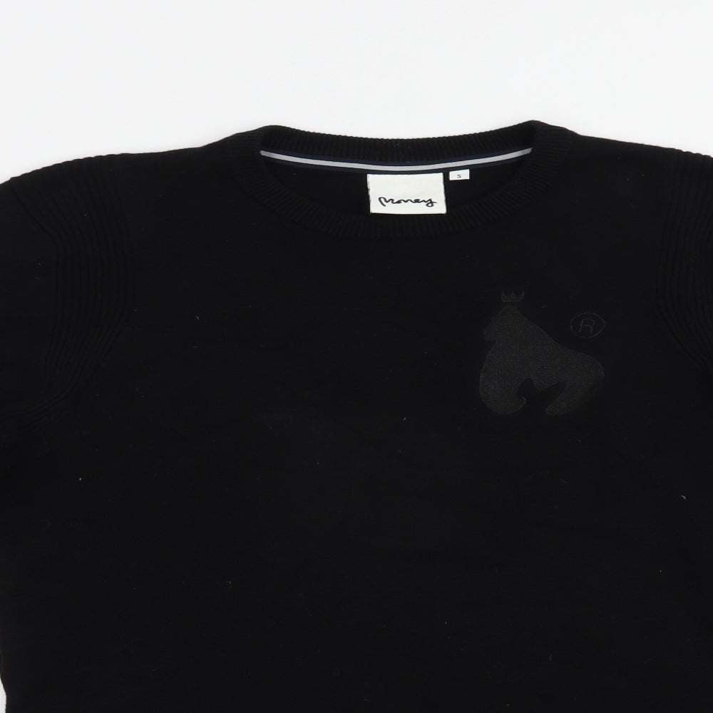 Money Mens Black Crew Neck  Cotton Pullover Jumper Size S