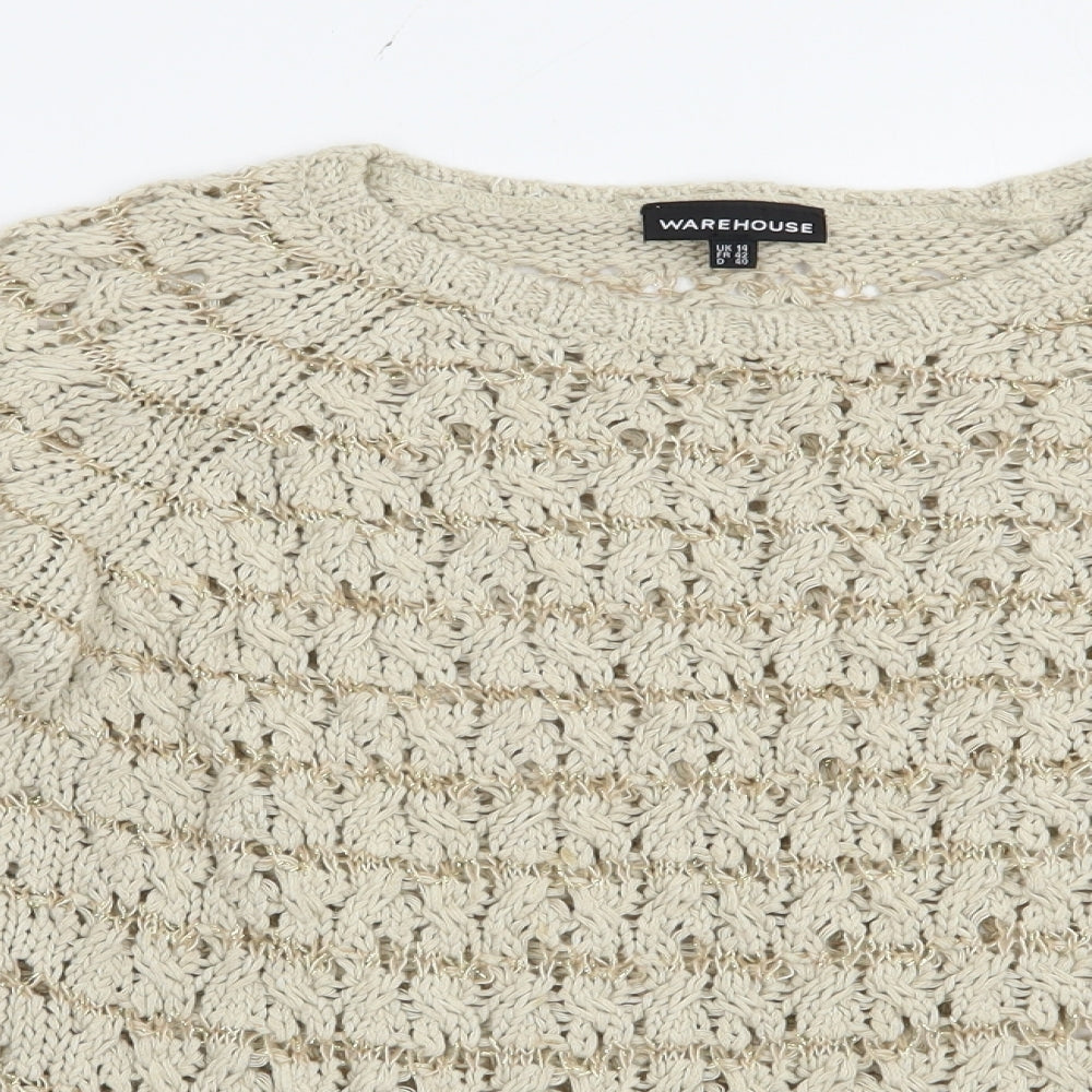 Warehouse Womens Beige Boat Neck  Cotton Pullover Jumper Size 14