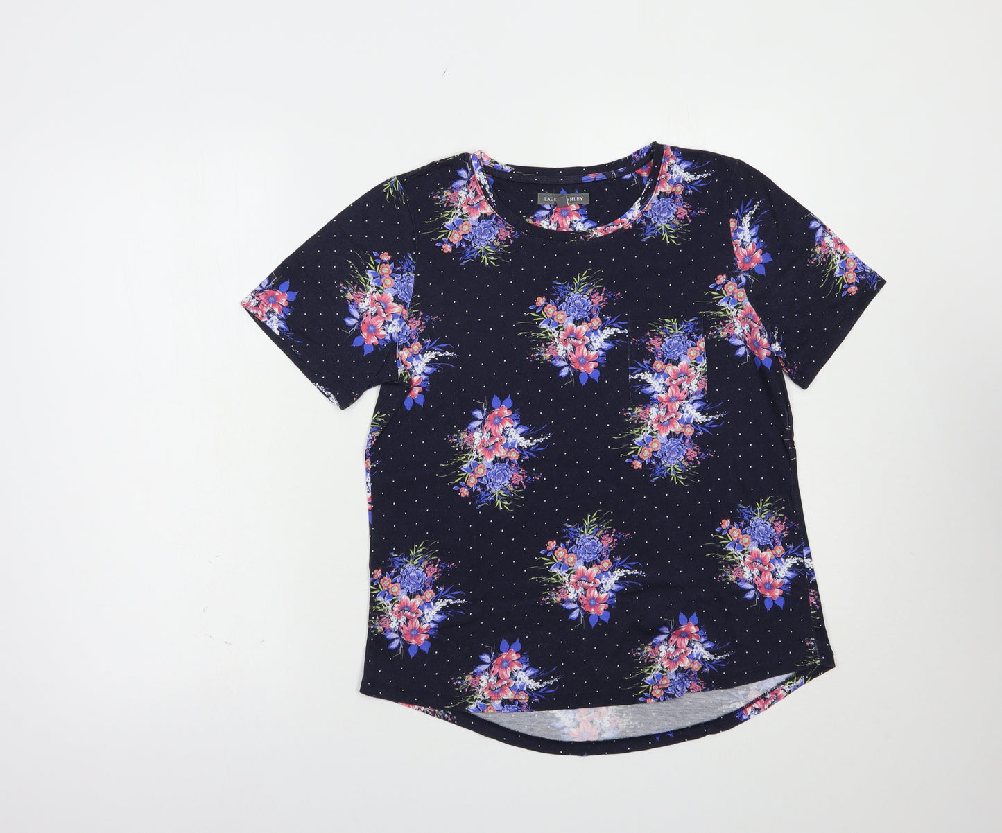 Laura Ashley Womens Blue Floral Cotton Basic T-Shirt Size 10 Crew Neck