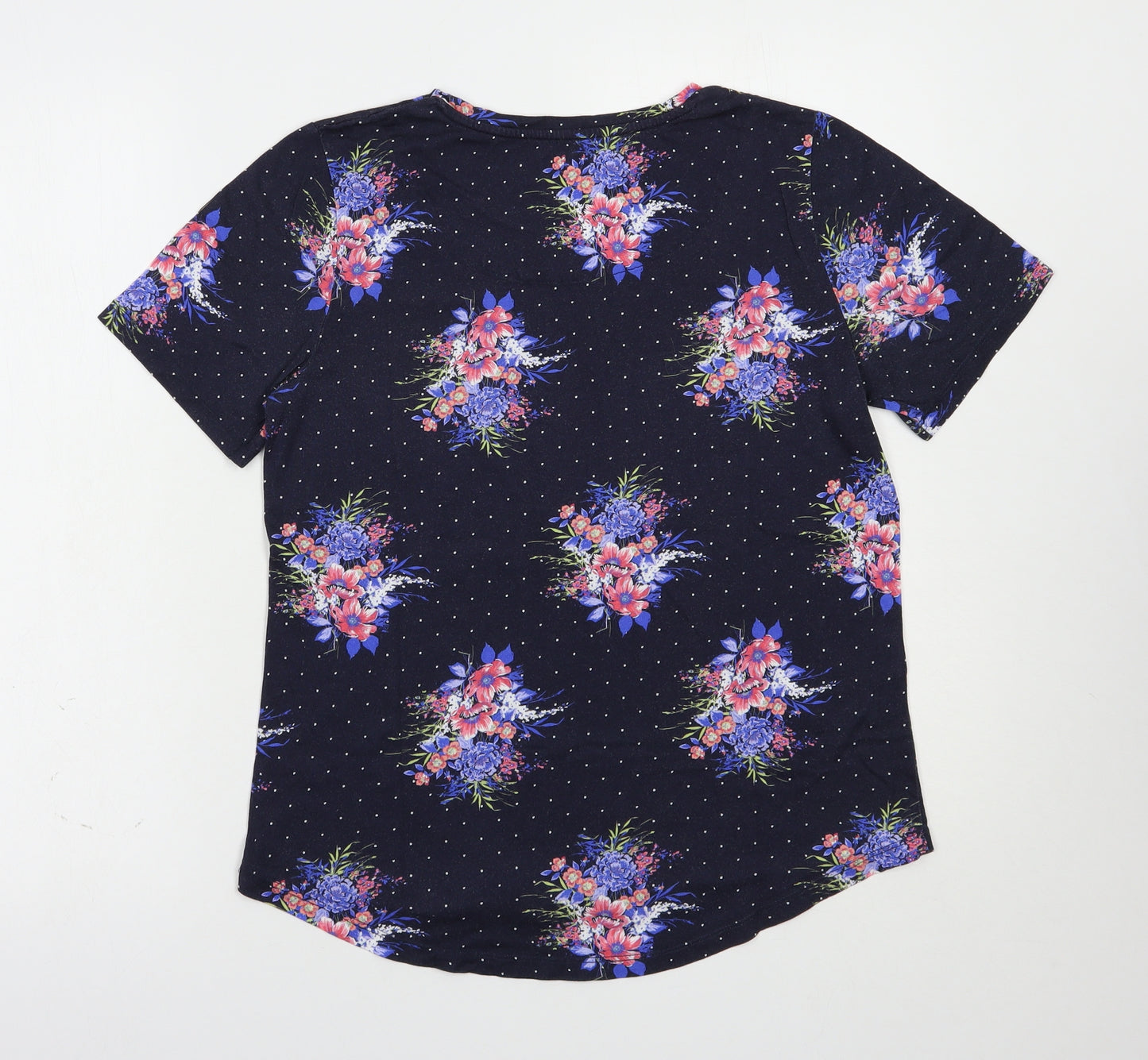 Laura Ashley Womens Blue Floral Cotton Basic T-Shirt Size 10 Crew Neck