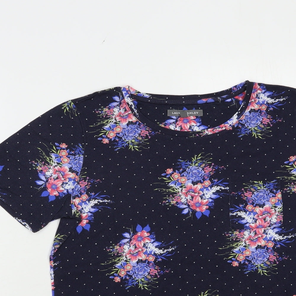 Laura Ashley Womens Blue Floral Cotton Basic T-Shirt Size 10 Crew Neck