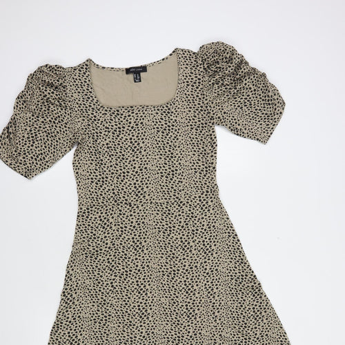 New Look Womens Beige Animal Print Viscose Fit & Flare  Size 8  Square Neck Pullover