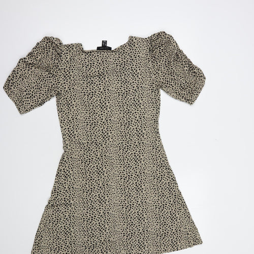 New Look Womens Beige Animal Print Viscose Fit & Flare  Size 8  Square Neck Pullover
