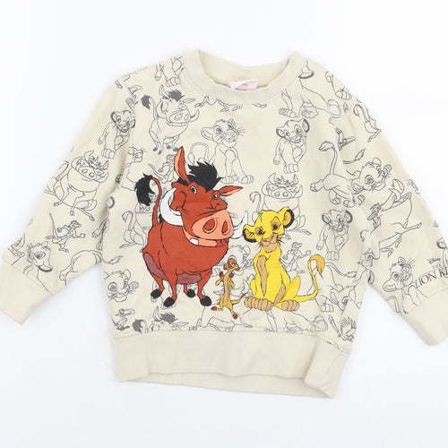 NEXT Boys Beige  100% Cotton Pullover T-Shirt Size 18-24 Months Round Neck Pullover - Lion king Sweater