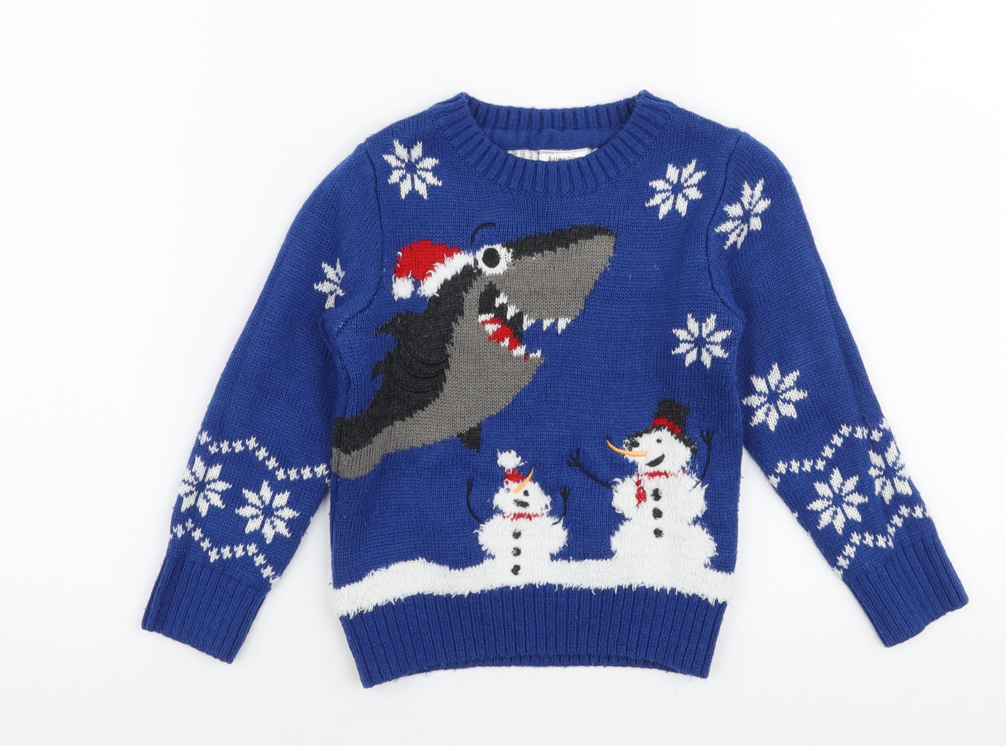 Lily & Dan Boys Blue Round Neck  Acrylic Pullover Jumper Size 3-4 Years  Pullover - Christmas Shark
