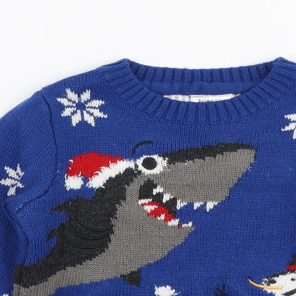 Lily & Dan Boys Blue Round Neck  Acrylic Pullover Jumper Size 3-4 Years  Pullover - Christmas Shark
