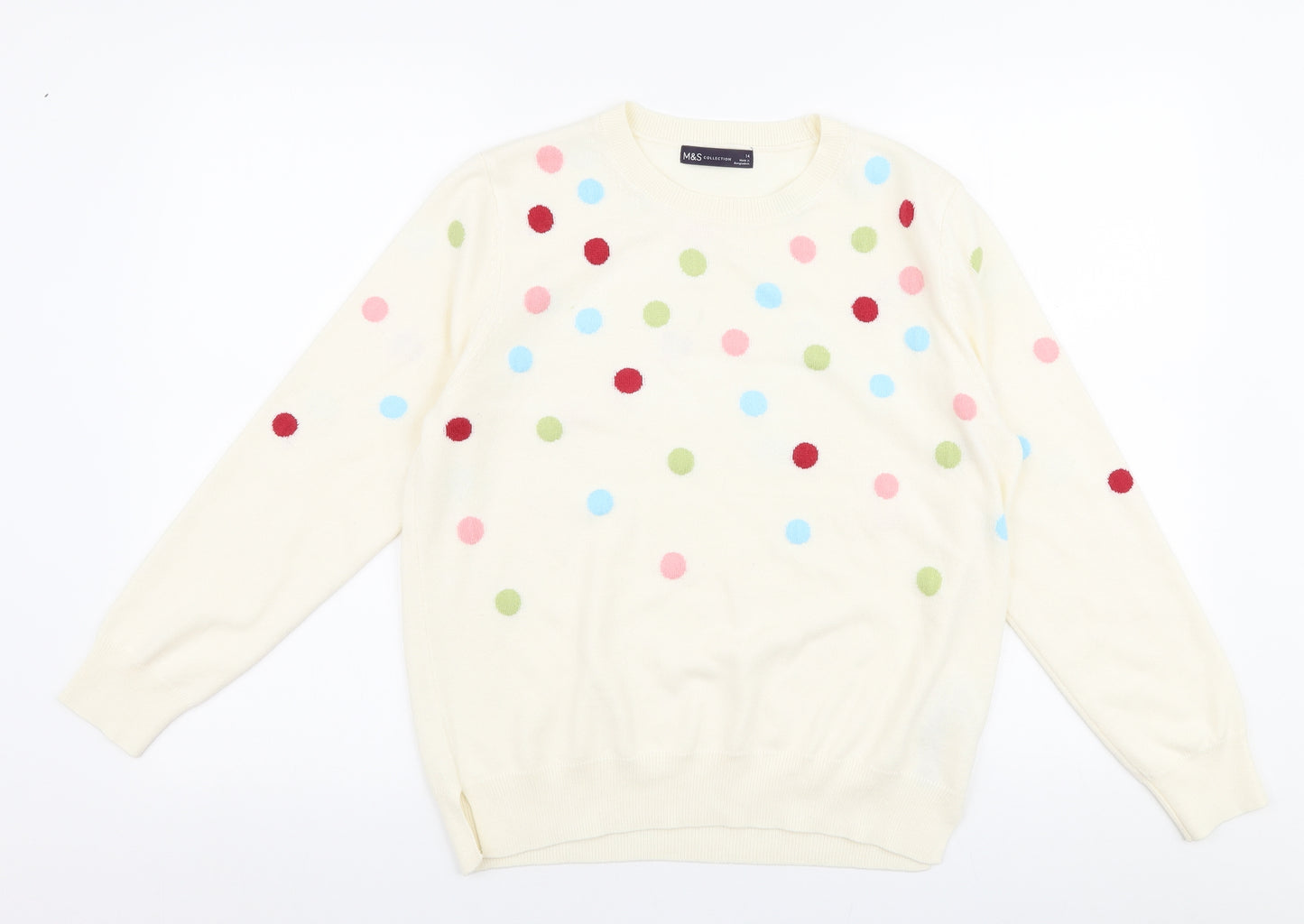Marks and Spencer Womens Ivory Round Neck Polka Dot Acrylic Pullover Jumper Size 14