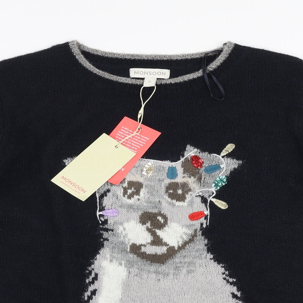 Monsoon Womens Blue Round Neck  Acrylic Pullover Jumper Size S   - Christmas Dog