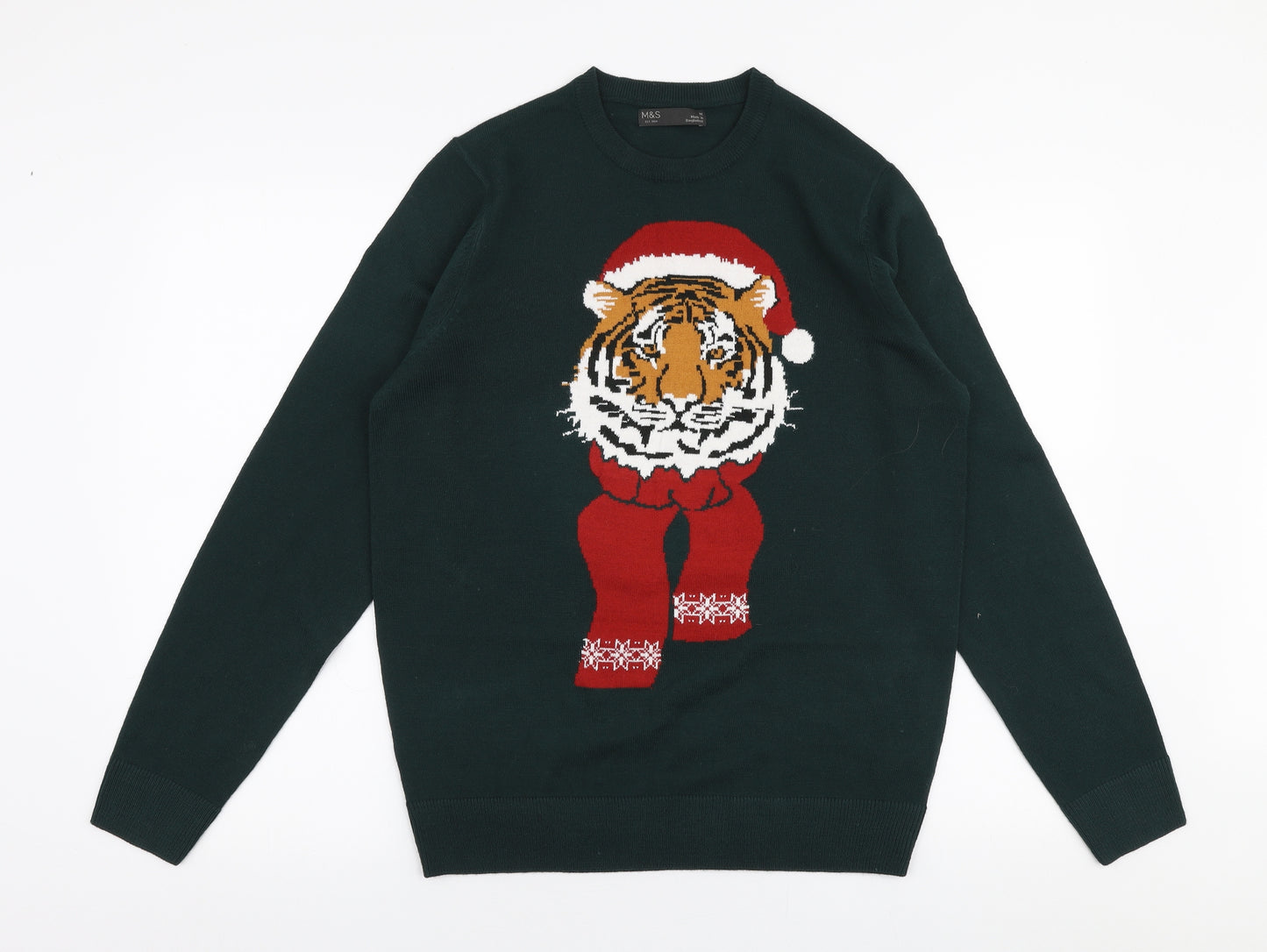 Marks and Spencer Mens Green Round Neck  Acrylic Pullover Jumper Size M   - Tiger