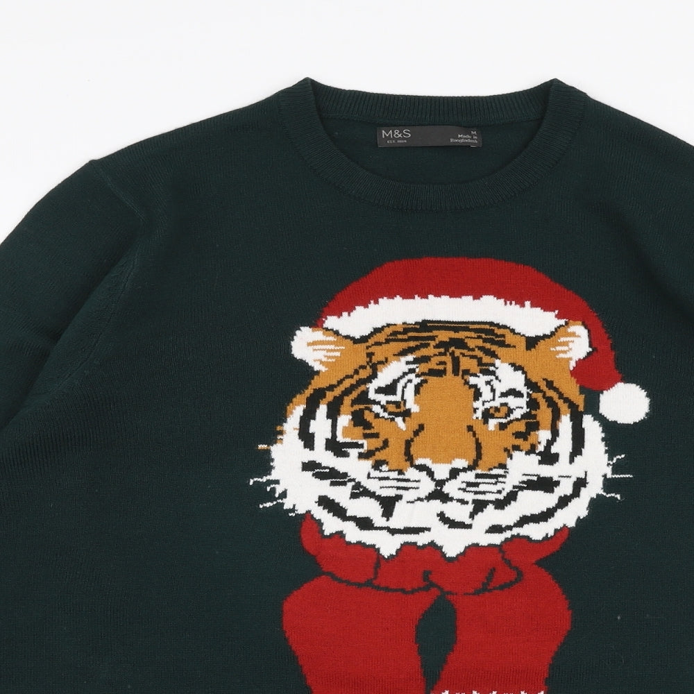 Marks and Spencer Mens Green Round Neck  Acrylic Pullover Jumper Size M   - Tiger