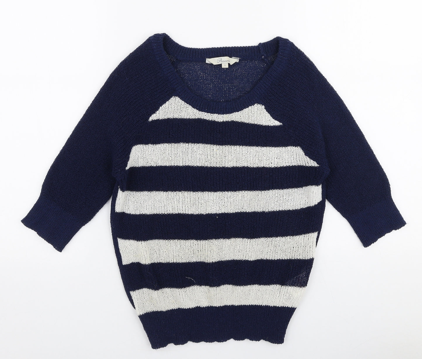 Peacocks Womens Blue Round Neck Striped Polyester Pullover Jumper Size S