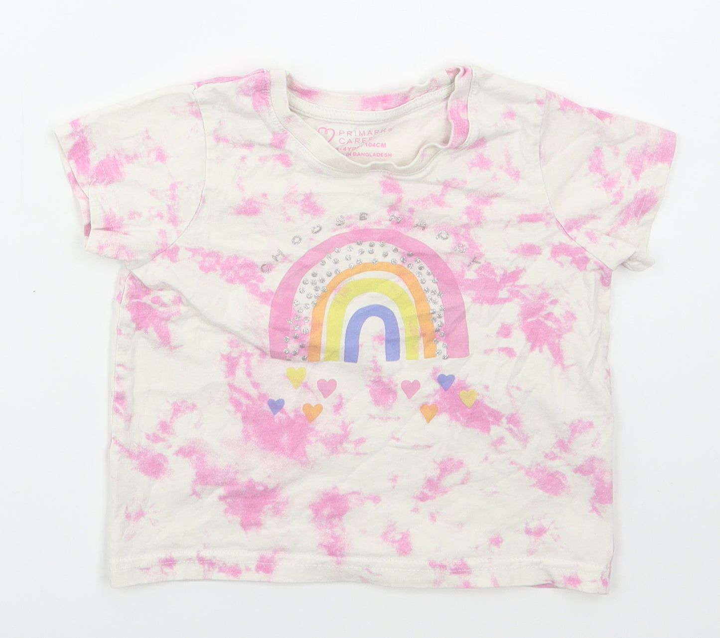Primark Girls Pink  Cotton Basic T-Shirt Size 3-4 Years Crew Neck Pullover - Rainbow