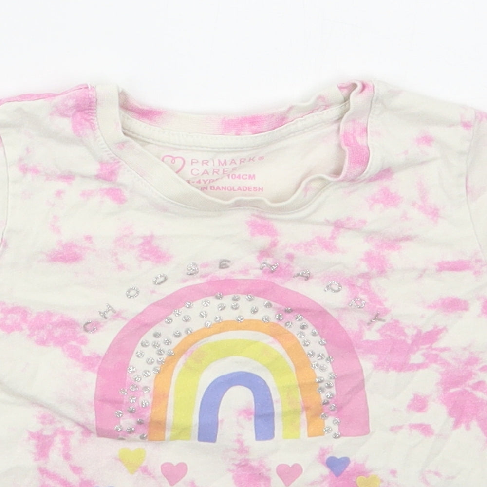Primark Girls Pink  Cotton Basic T-Shirt Size 3-4 Years Crew Neck Pullover - Rainbow