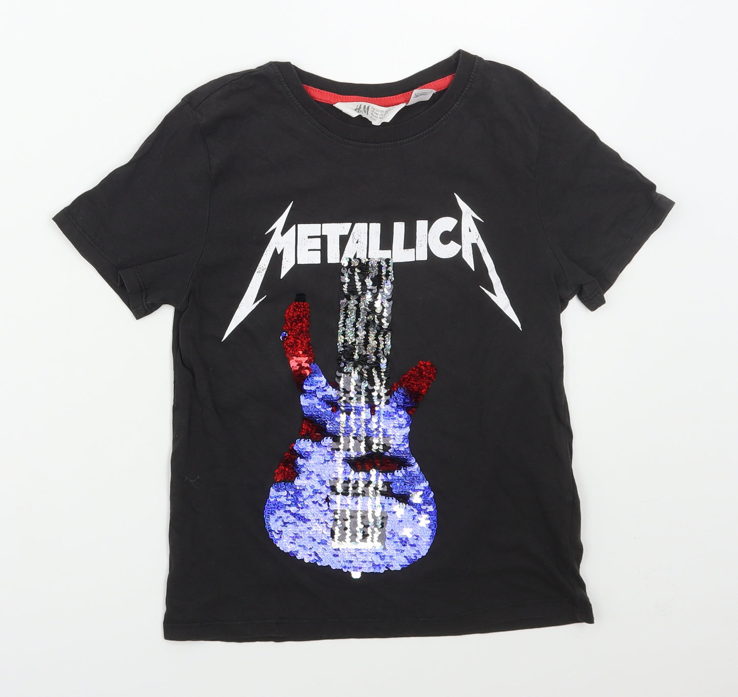 H&M Girls Black  Cotton Basic T-Shirt Size 6-7 Years Crew Neck Pullover - Metallica