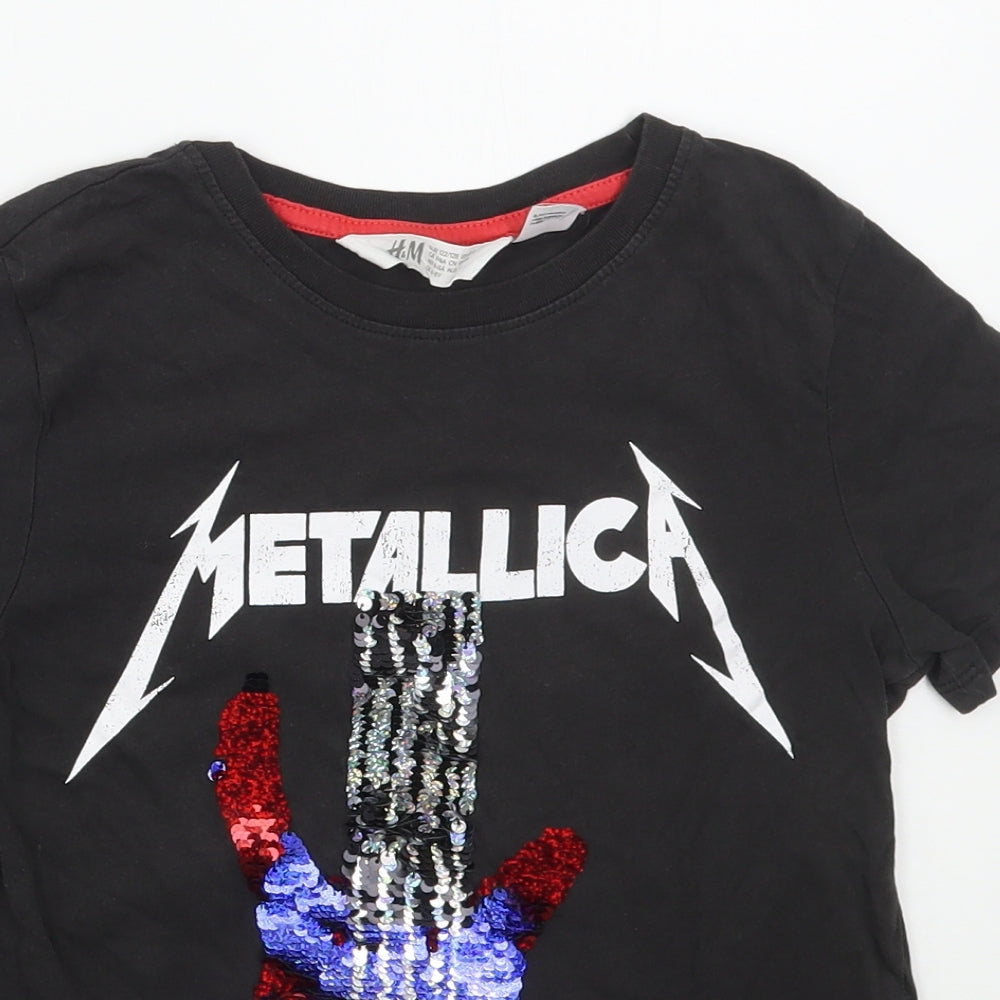 H&M Girls Black  Cotton Basic T-Shirt Size 6-7 Years Crew Neck Pullover - Metallica