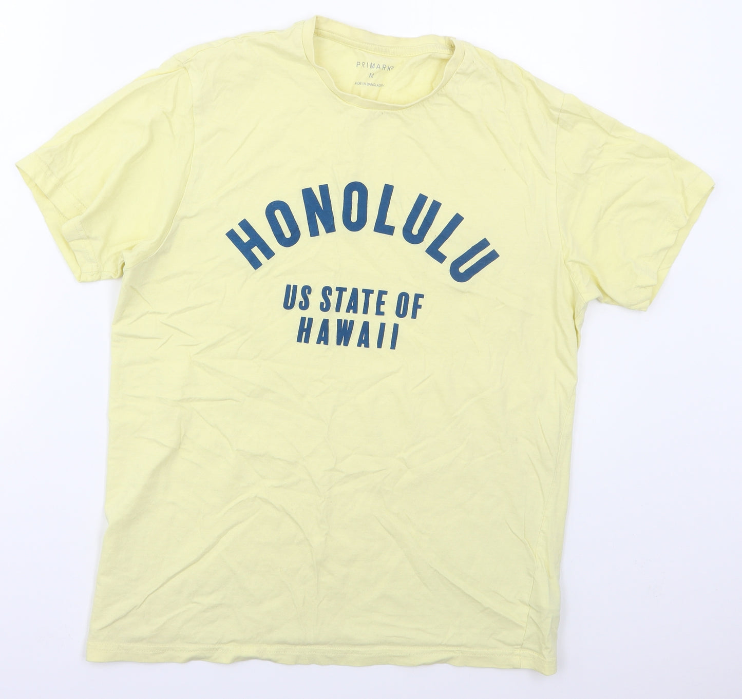 Primark Mens Yellow  Cotton  T-Shirt Size M Crew Neck  - Honolulu