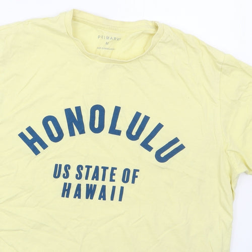 Primark Mens Yellow  Cotton  T-Shirt Size M Crew Neck  - Honolulu