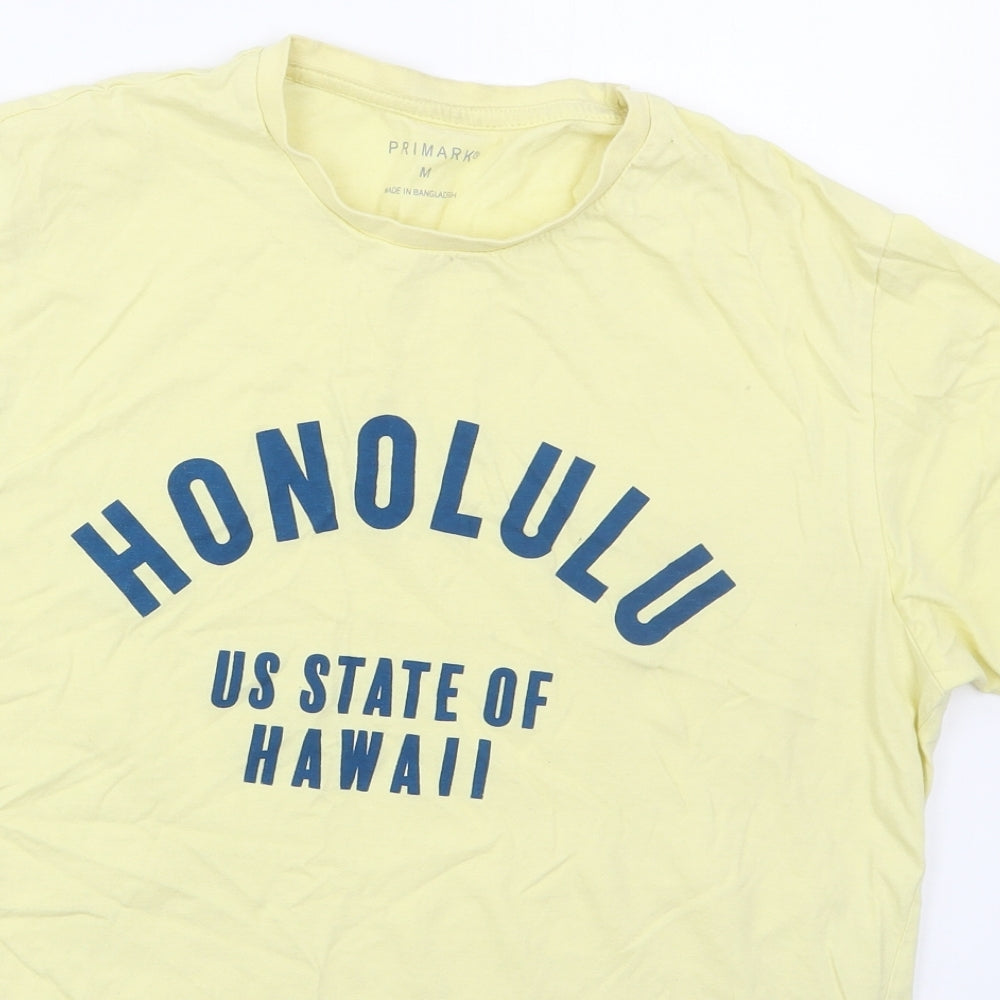 Primark Mens Yellow  Cotton  T-Shirt Size M Crew Neck  - Honolulu