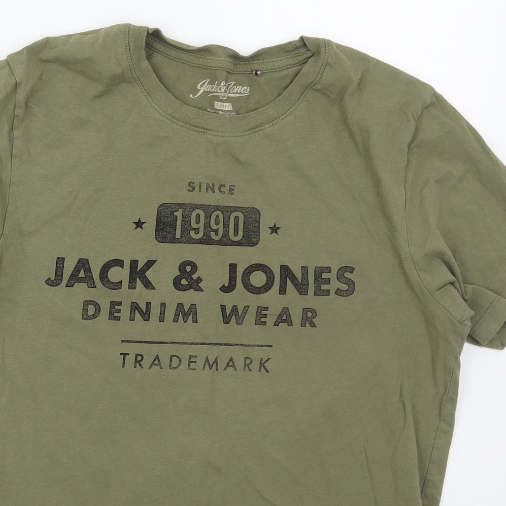 JACK & JONES Mens Green  Cotton  T-Shirt Size L Crew Neck