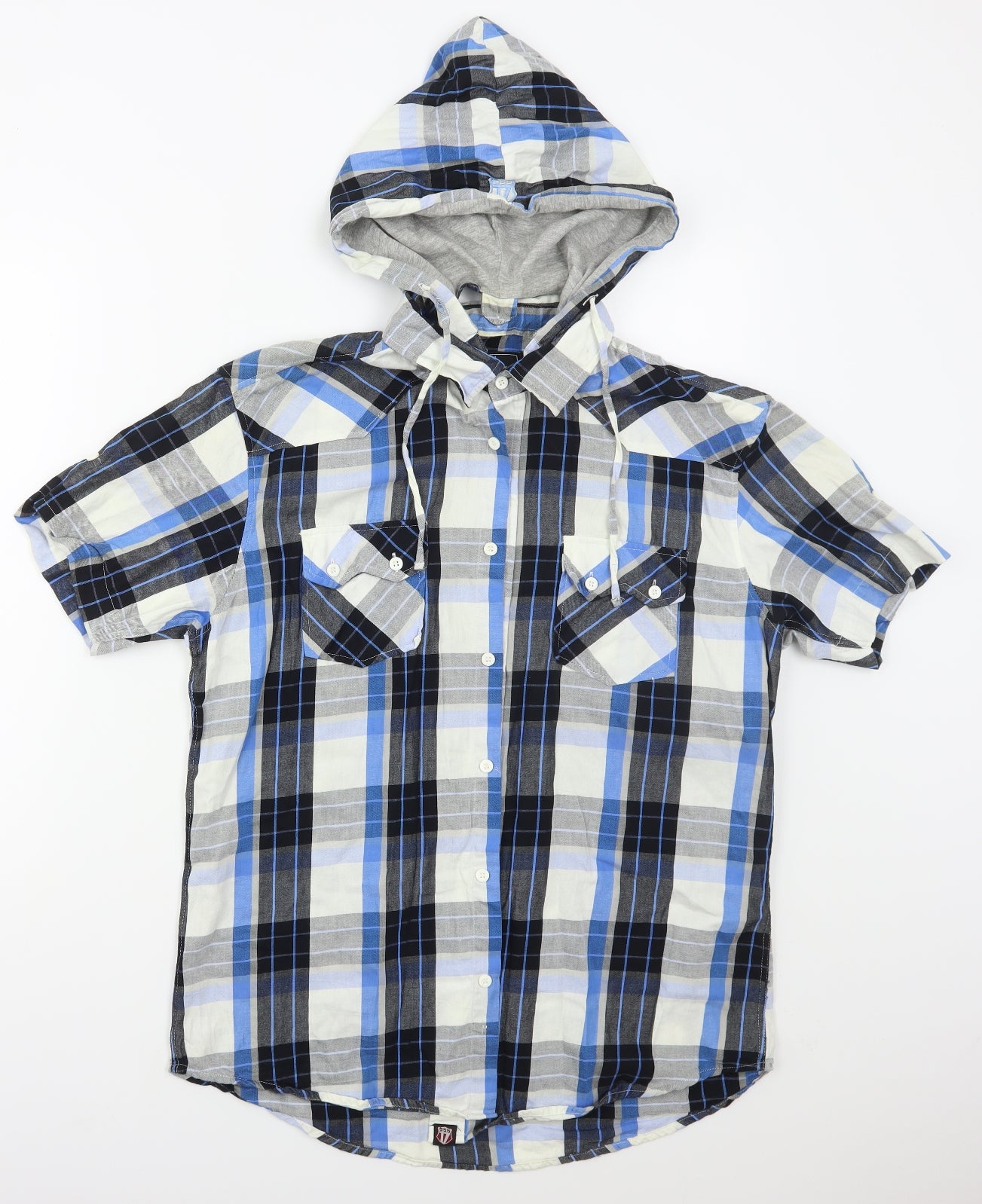 D555 Mens Blue Check Cotton  Button-Up Size L Collared Button