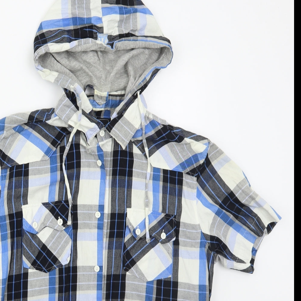 D555 Mens Blue Check Cotton  Button-Up Size L Collared Button