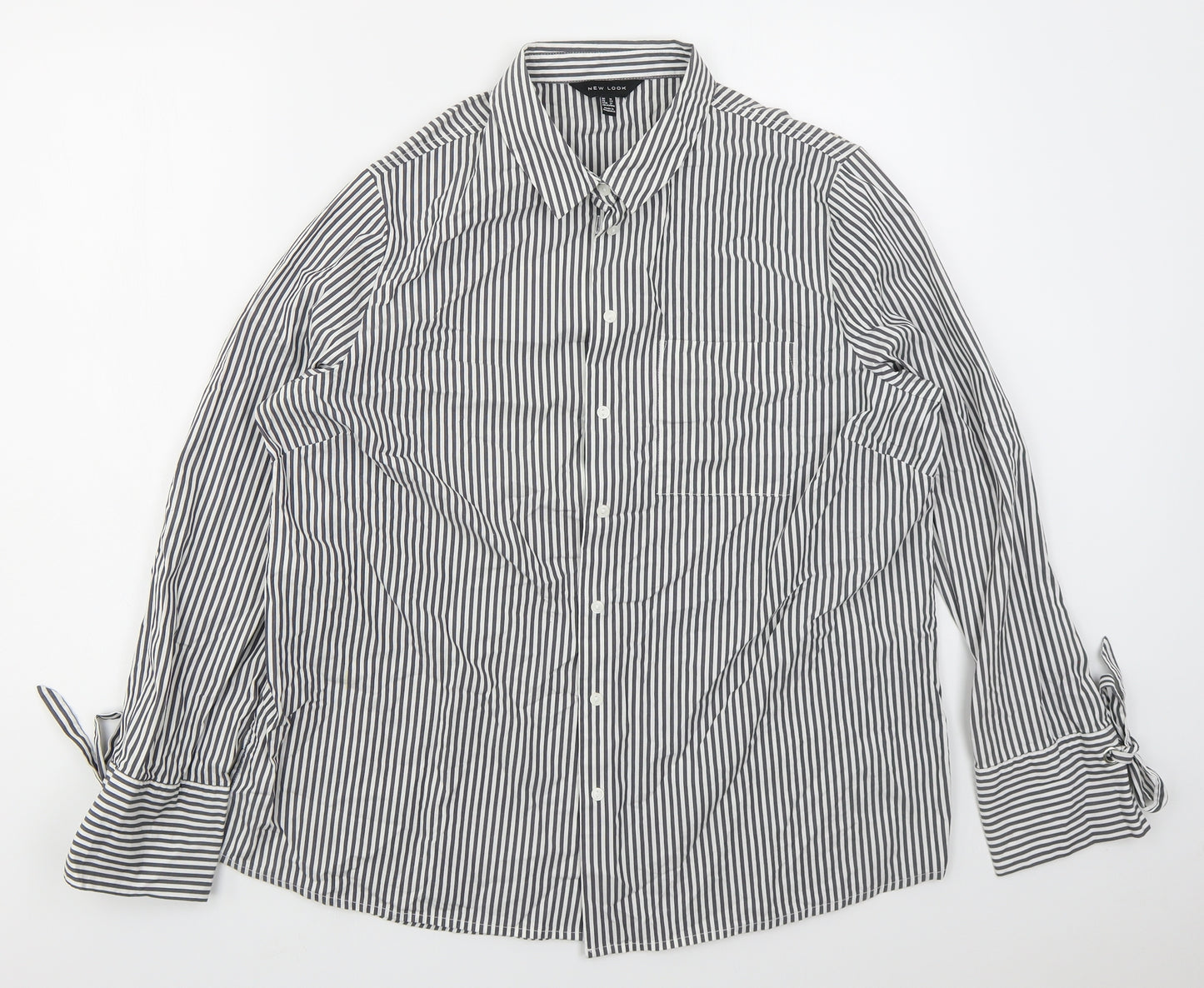 New Look Womens Grey Striped Cotton Basic Button-Up Size 16 Collared