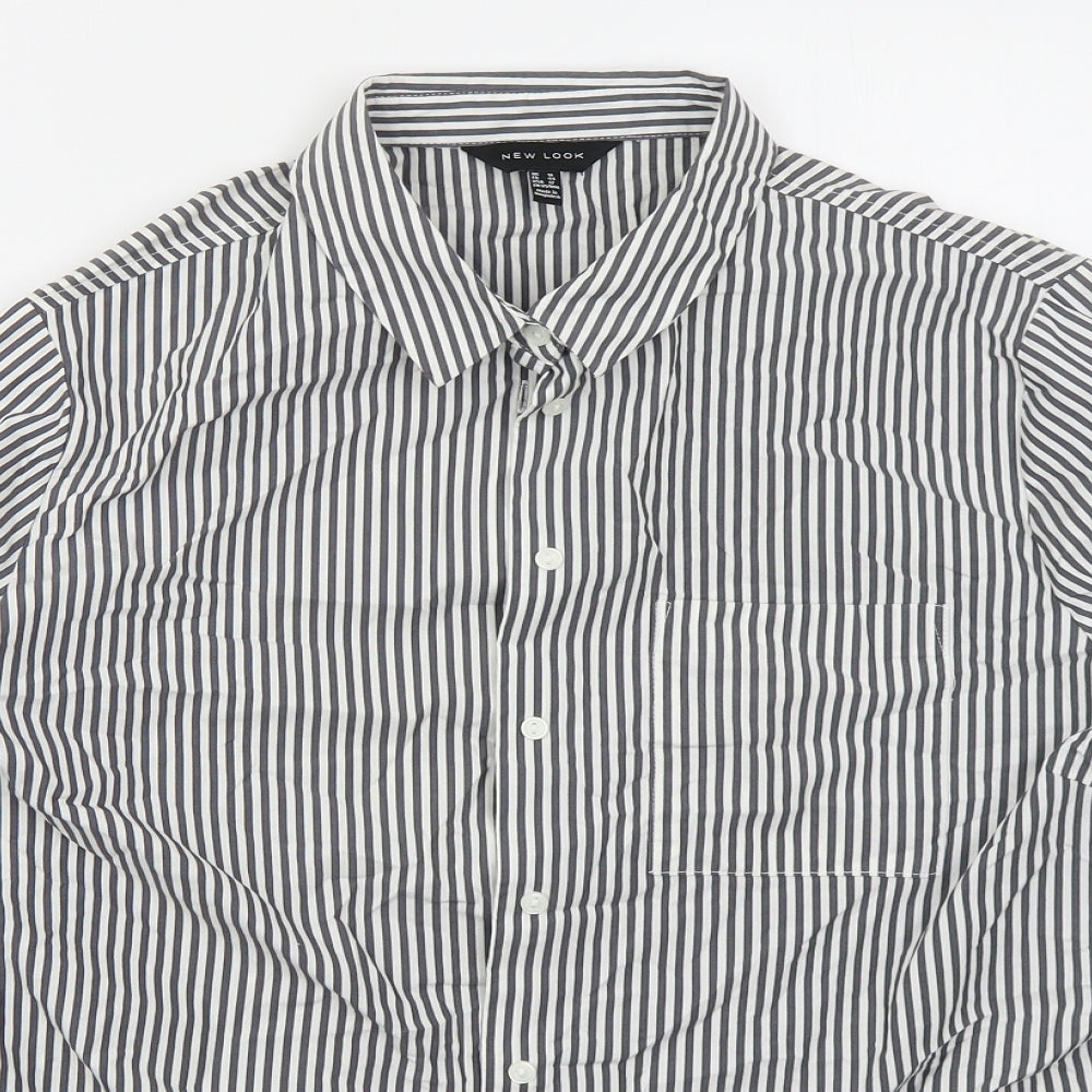 New Look Womens Grey Striped Cotton Basic Button-Up Size 16 Collared