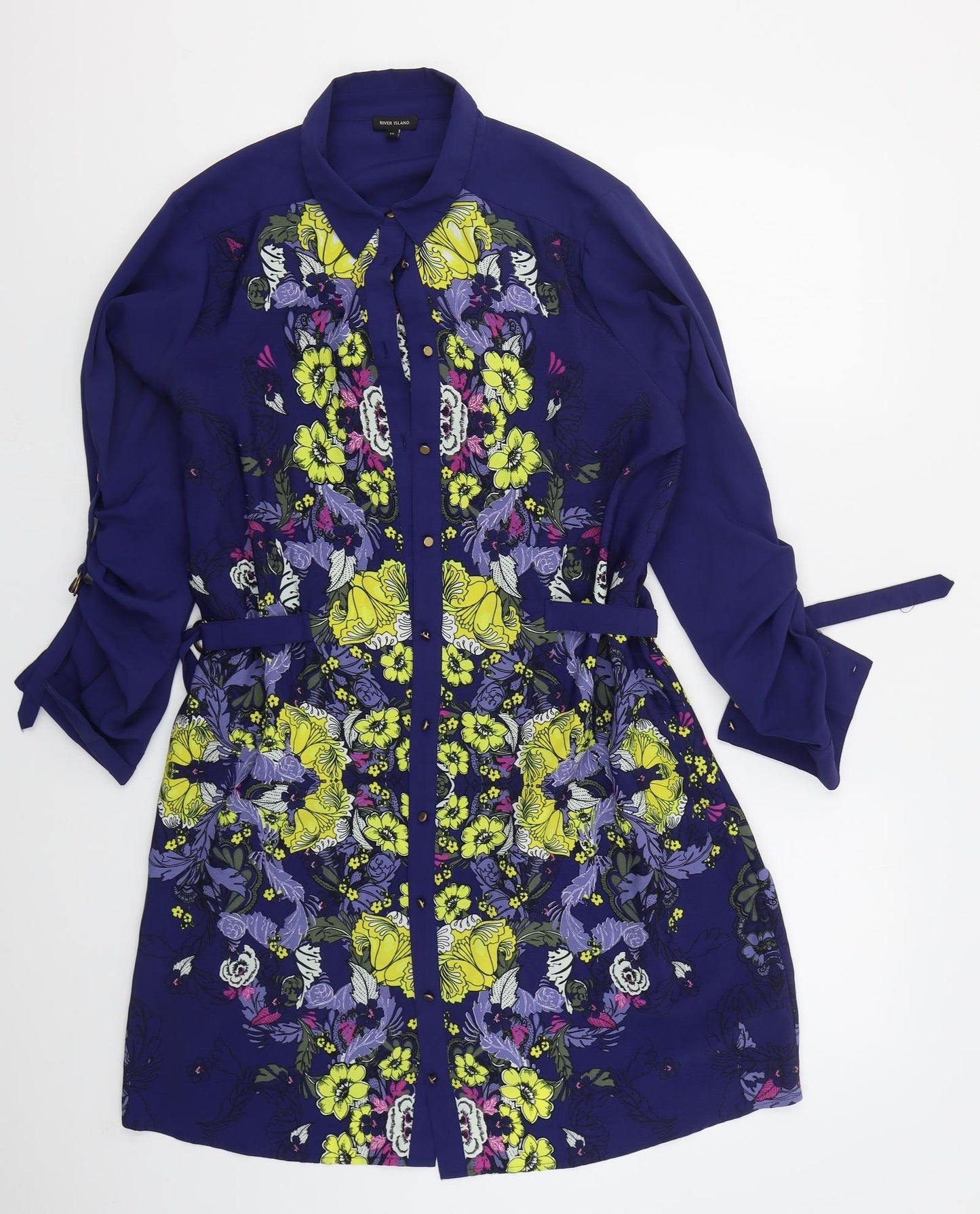River Island Womens Blue Floral Polyester Shirt Dress  Size 14  Collared Button
