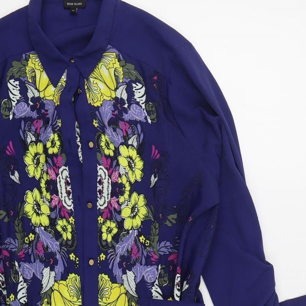 River Island Womens Blue Floral Polyester Shirt Dress  Size 14  Collared Button