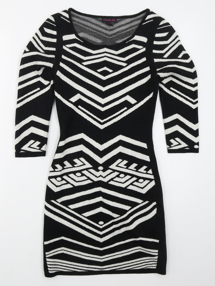 Material Girl Womens Black Geometric Acrylic Bodycon  Size S  Round Neck Pullover