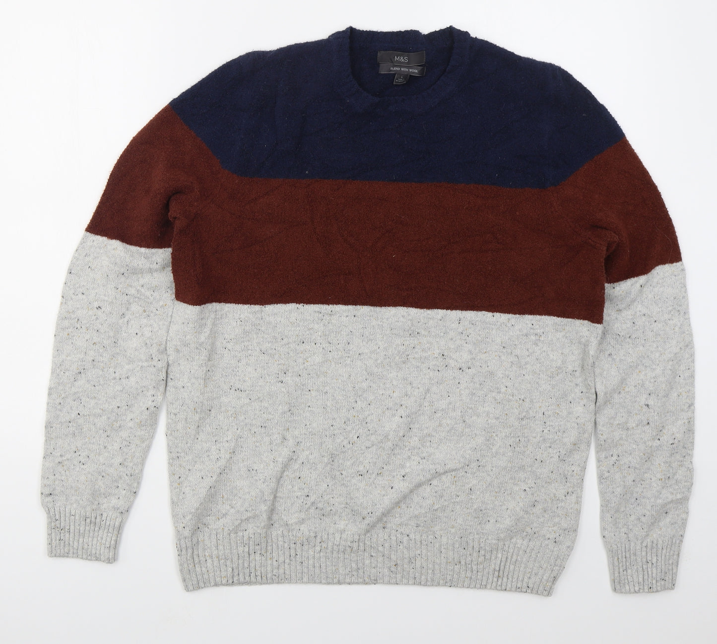 Marks and Spencer Mens Grey Crew Neck Striped Cotton Blend Pullover Jumper Size L   - Blue and Brown