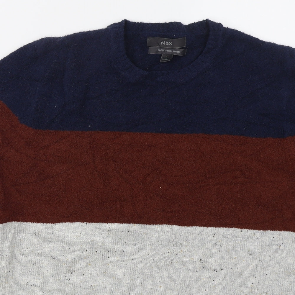 Marks and Spencer Mens Grey Crew Neck Striped Cotton Blend Pullover Jumper Size L   - Blue and Brown