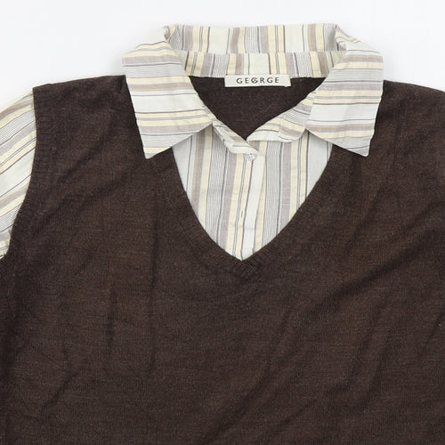 George Womens Brown Collared Striped Acrylic Pullover Jumper Size 14