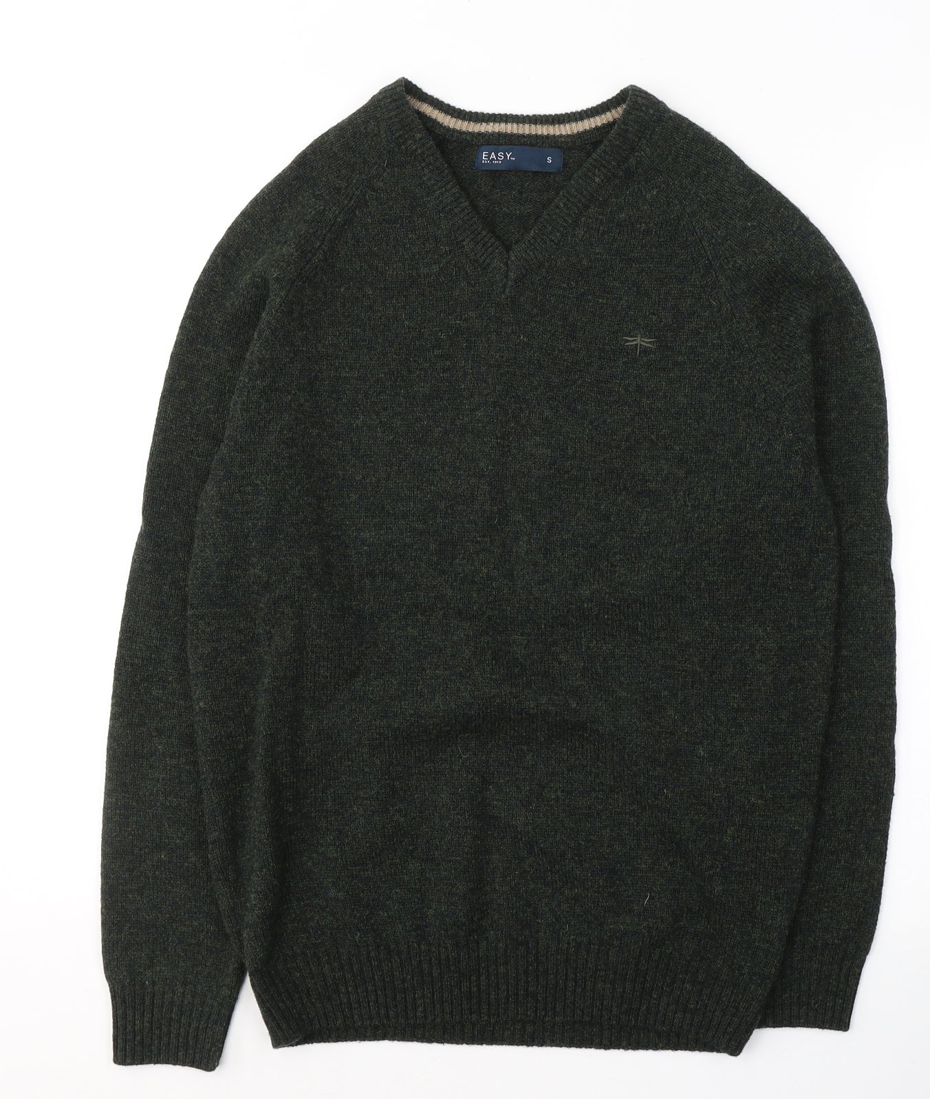 Easy Mens Green V-Neck  Wool Pullover Jumper Size S