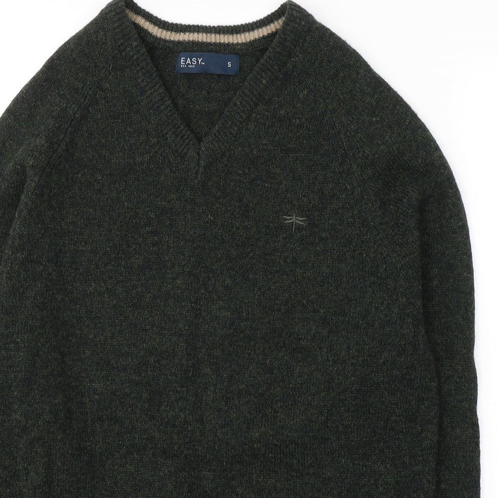 Easy Mens Green V-Neck  Wool Pullover Jumper Size S