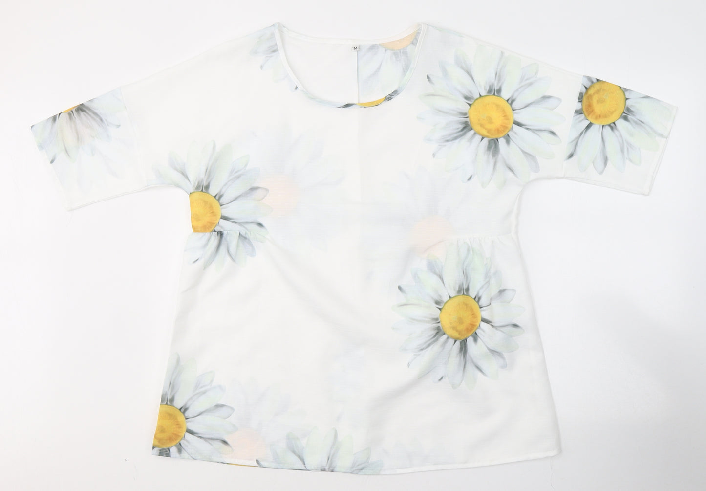 Preworn Womens White  Polyester Basic Blouse Size M Round Neck - Sunflowers