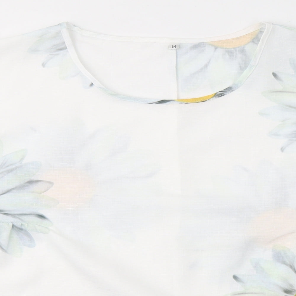 Preworn Womens White  Polyester Basic Blouse Size M Round Neck - Sunflowers