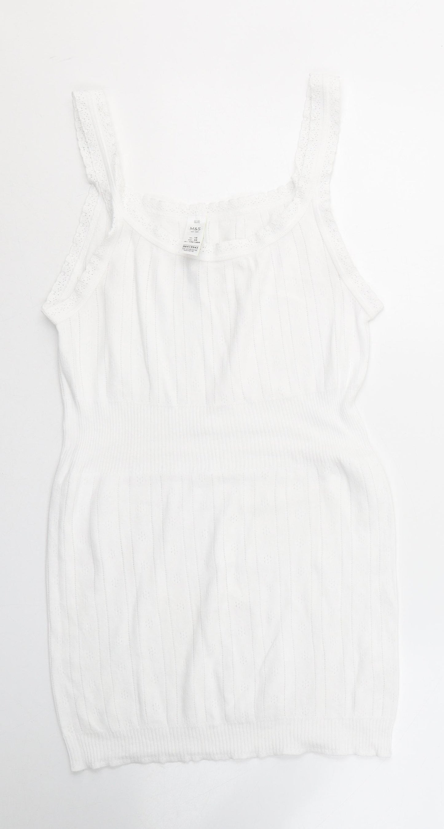 Marks and Spencer Womens White Geometric Cotton Basic Tank Size 16 Round Neck