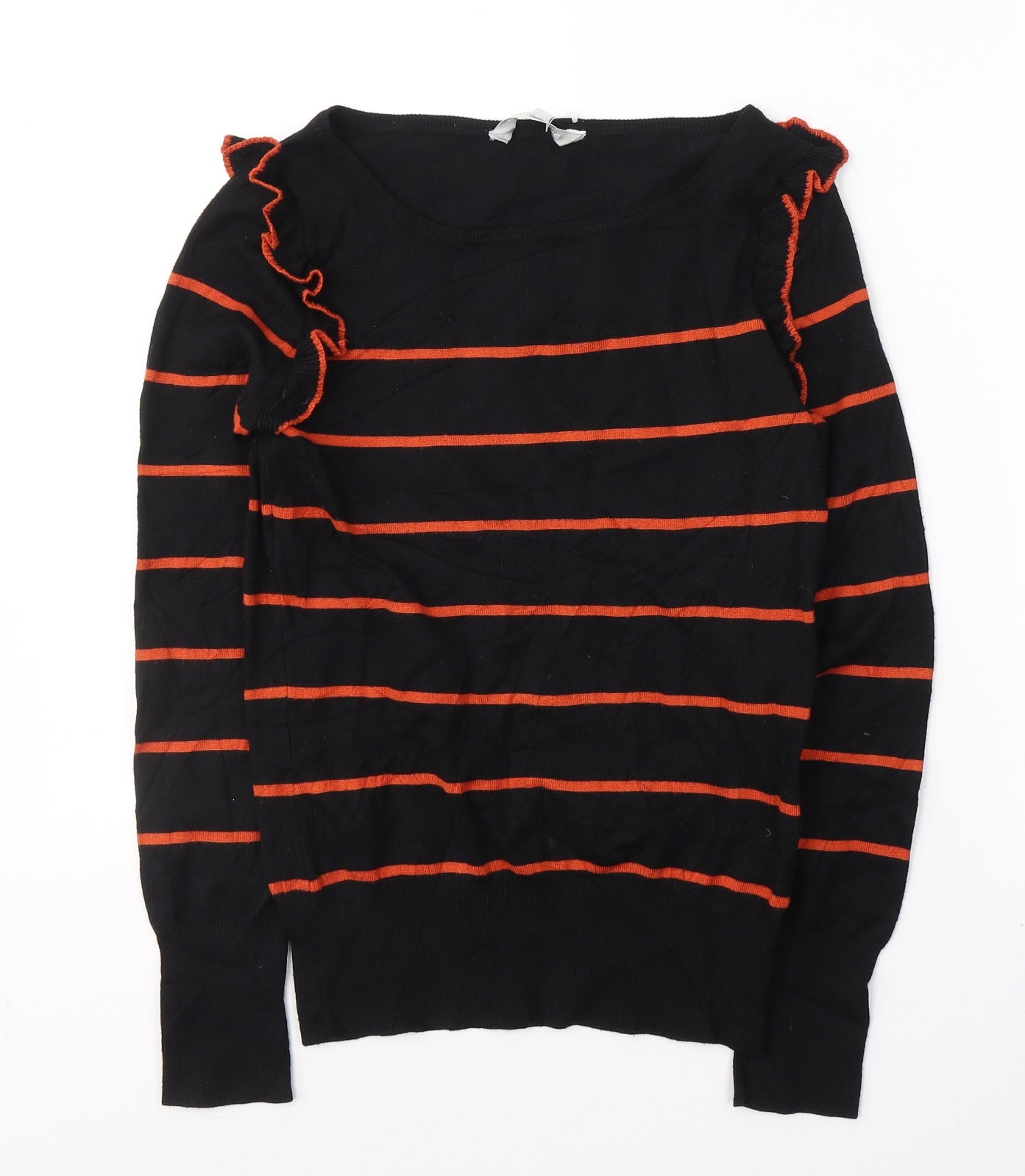 Red Herring Womens Black Round Neck Striped Cotton Pullover Jumper Size 10