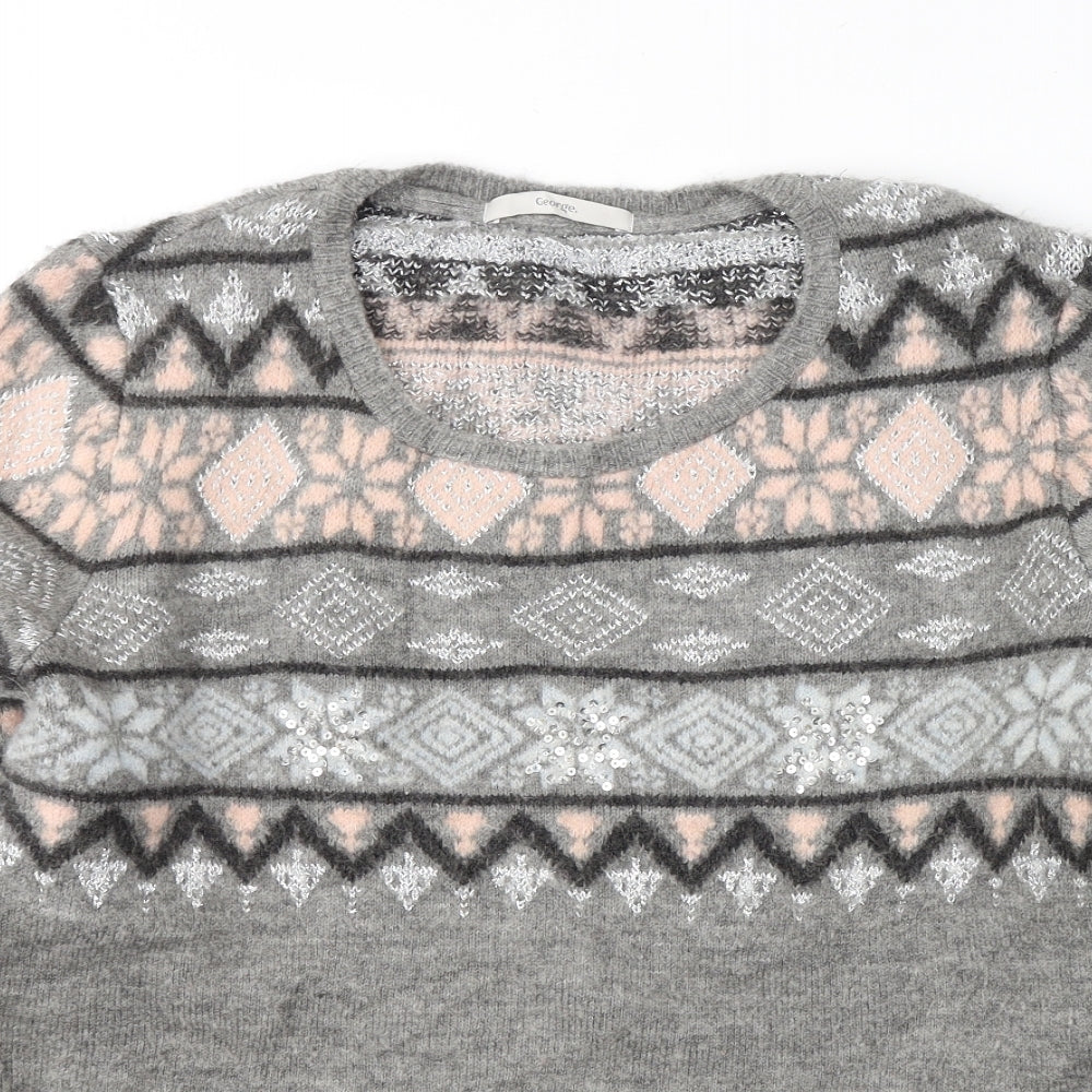 GEORGE  Womens Grey Round Neck Fair Isle Acrylic Pullover Jumper Size 14   - Christmas jumper