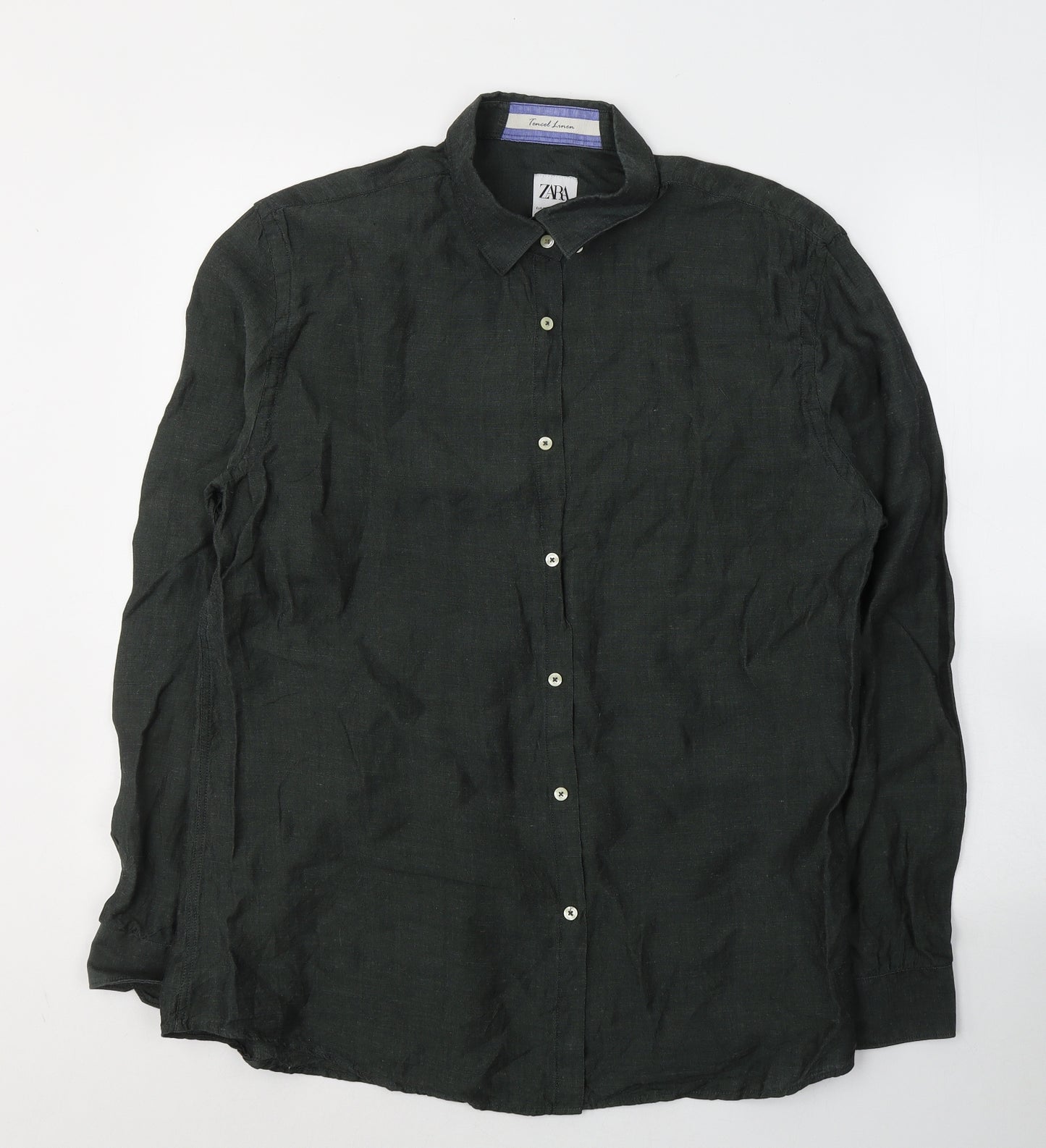 Zara Mens Green  Lyocell  Button-Up Size XL Collared Button