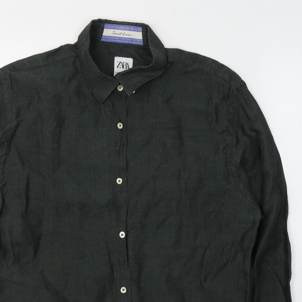 Zara Mens Green  Lyocell  Button-Up Size XL Collared Button