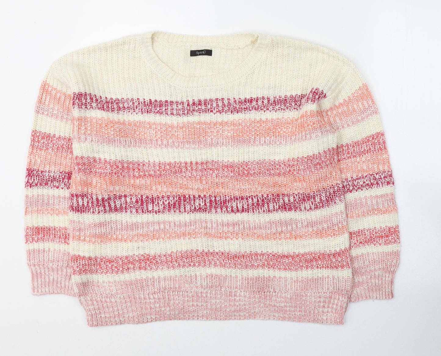 M&Co Womens White Round Neck Striped Acrylic Pullover Jumper Size 16