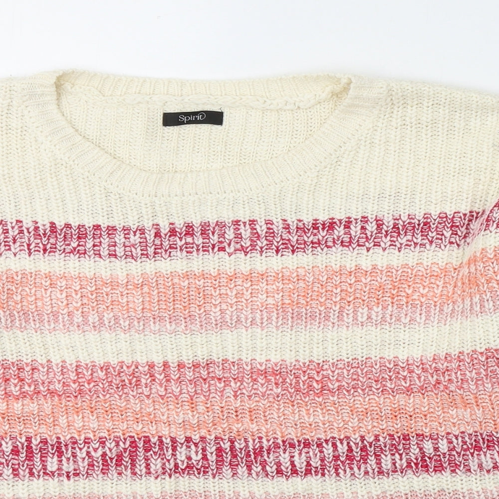 M&Co Womens White Round Neck Striped Acrylic Pullover Jumper Size 16